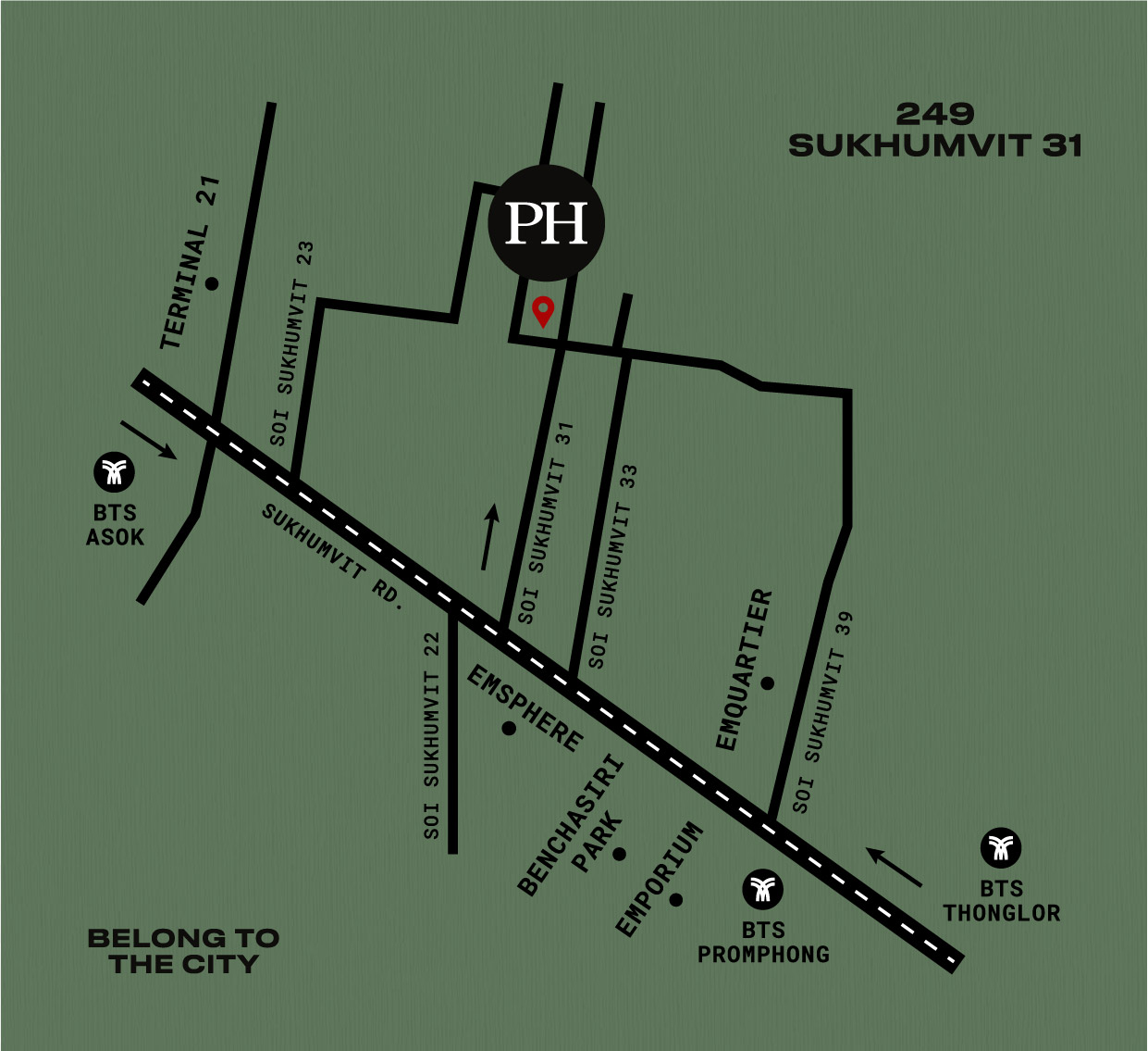 Illustrated map of Sukhumvit, Bangkok showing Public House Bangkok at 249 Soi Sukhumvit 31 in Phrom Phong, with BTS Asok, BTS Phrom Phong and BTS Thonglor, Terminal 21, EmSphere, Emporium, EmQuartier and Benchasiri Park marked along Sukhumvit Road.